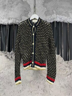🚩steal Gucci Black & Gold Tweed Wool-Blend Cardigan Jacket with Red Trim